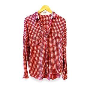 La Sarte Pettegole Blouse Size Medium Red White Pattern Twisted Ruffle Checkered